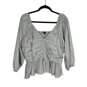 Express Women XL Mint Green Boho 3/4 Puff Sleeves V-Neck Pleated Peplum Top